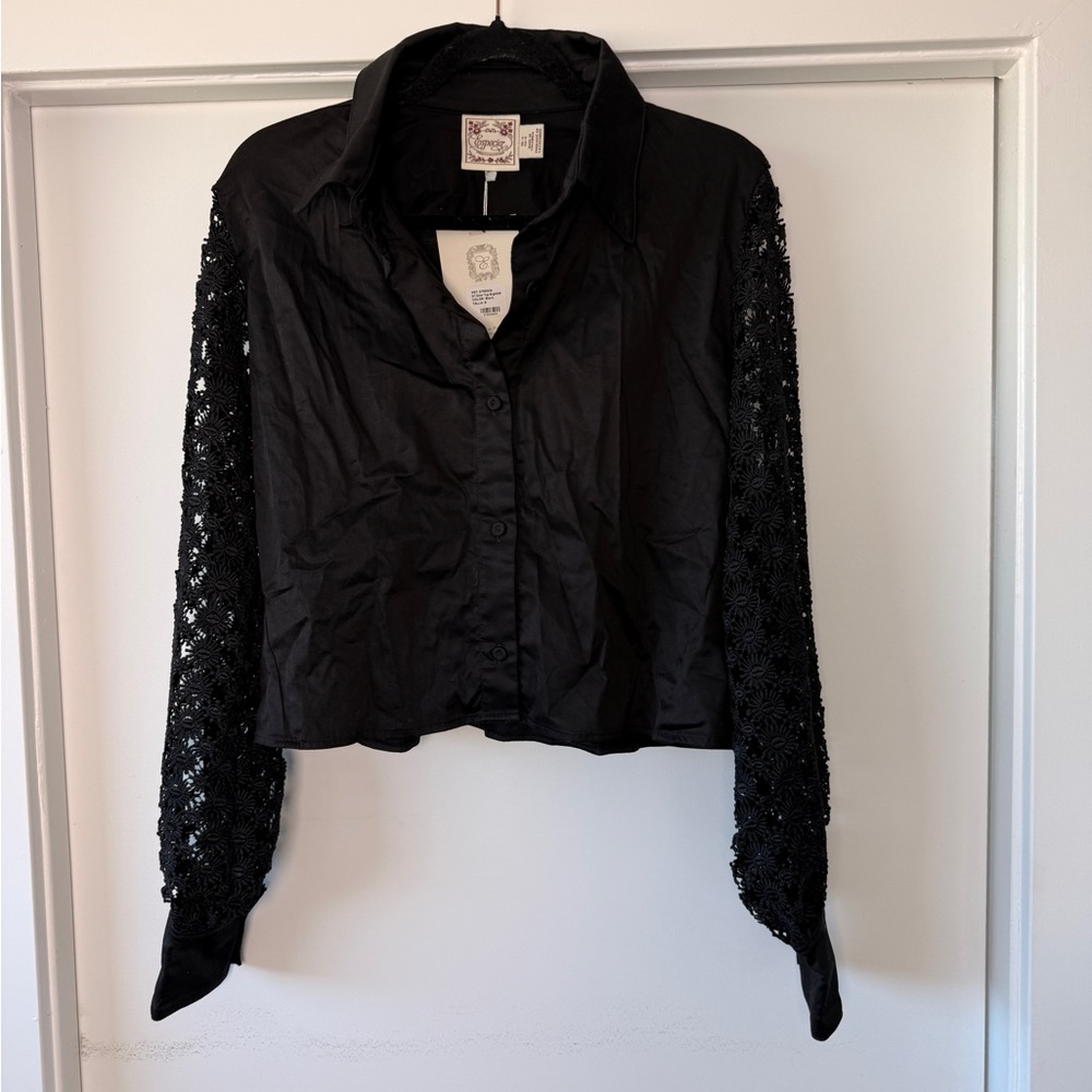Black Lace Sleeve Button Down Shirt